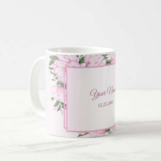 Pink Floral Green Leaves Elegant Wedding Party Kaffeetasse (Vorderseite Links)