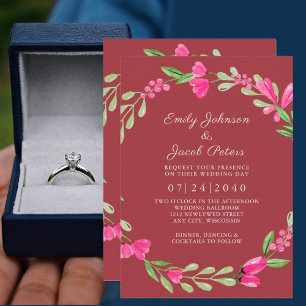 Pink Floral Greenery Dusty Red Elegant Wedding Ankündigung