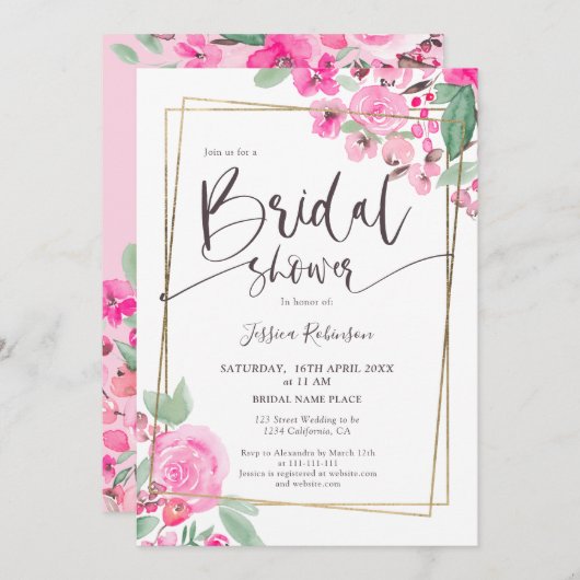 Pink floral greenery gold script bridal shower einladung (Vorne/Hinten)