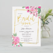 Pink floral greenery gold script bridal shower folieneinladung (Stehend vorne)