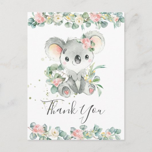 Pink Floral Greenery Niedlich Koala Vielen Dank Postkarte (Vorderseite)