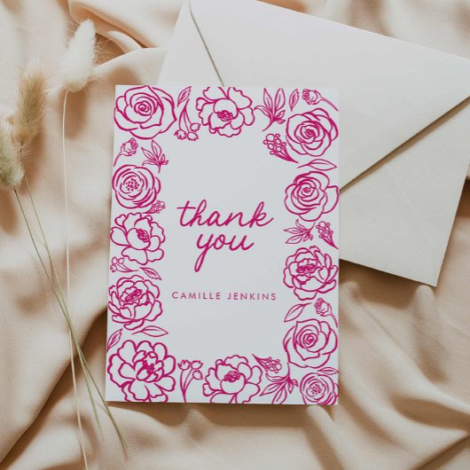 Pink Floral Hand Drawn Whimsical Vielen Dank Dankeskarte