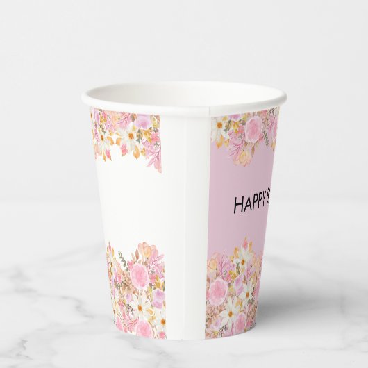 Pink Floral Happy Birthday Pappbecher (Rechts)