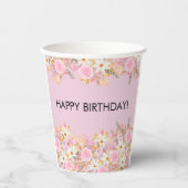 Pink Floral Happy Birthday Pappbecher (Vorderseite)