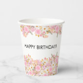 Pink Floral Happy Birthday Pappbecher (Vorderseite)