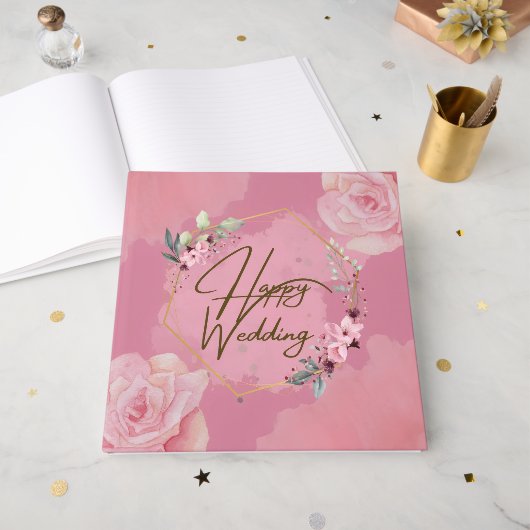 Pink Floral Happy Wedding Guest Book Gästebuch (Vorderseite offen)