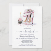 Pink Floral High Heel Shoes 100th Birthday Einladung (Vorderseite)