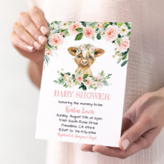 Pink Floral Highland Kuh Baby Dusche laden Einladung
