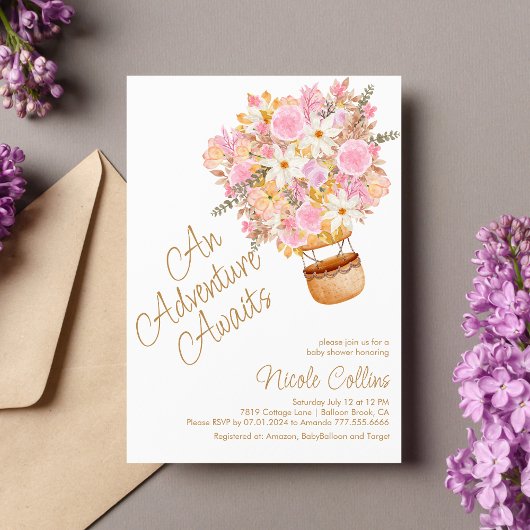 Pink Floral Hot Air Ballon Babydusche Einladung