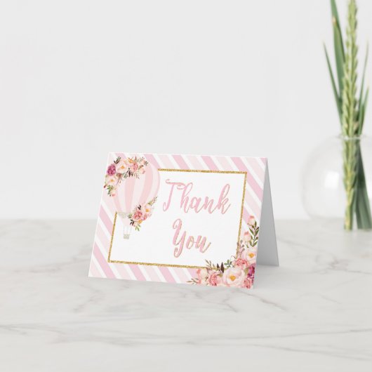 Pink Floral Hot Air Ballon Danke Karte (Vorderseite)