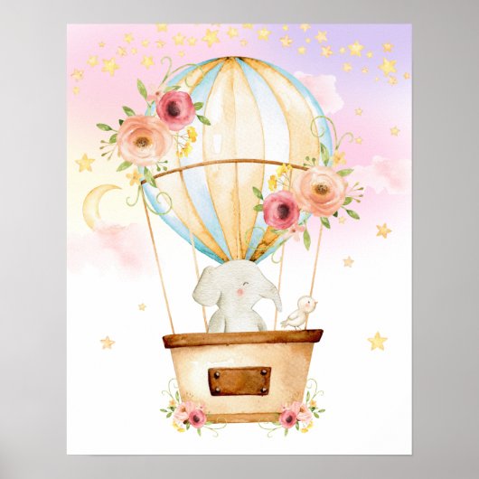 Pink Floral Hot Air Ballon Elefantenabenteuer Poster (Vorne)