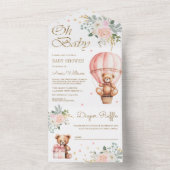 Pink Floral Hot Air Ballon Teddy Bear Baby Dusche All In One Einladung (Innen Boden)