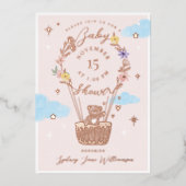 Pink Floral Hot Air Ballon Teddy Bear Baby Dusche Folieneinladung (Vorderseite)