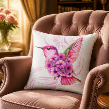 Pink Floral Hummingbird Pillow