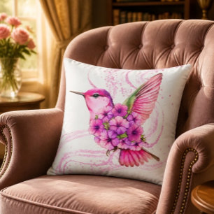 Pink Floral Hummingbird Pillow Kissen