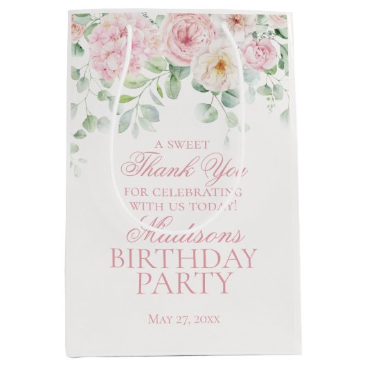 Pink Floral Hydrangea Botanical Birthday Gevor Mittlere Geschenktüte (Vorderseite)