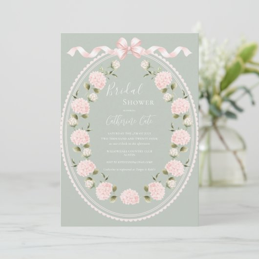 Pink Floral Hydrangea Sage Green Elegant Bridal  Einladung (Stehend Vorderseite)