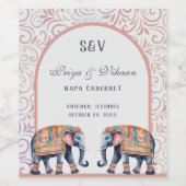 Pink Floral Indian Elephant Monogram Wedding Weinetikett (Einzelnes Label)