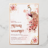 Pink Floral Indian Peacock Wedding Rose Gold Folieneinladung (Vorderseite)