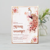 Pink Floral Indian Peacock Wedding Rose Gold Folieneinladung (Stehend vorne)