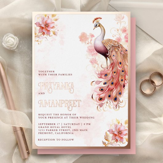 Pink Floral Indian Peacock Wedding Rose Gold Folieneinladung