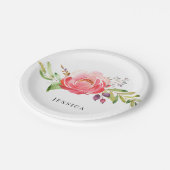 Pink Floral Individuelle Name Babydusche Pappteller (Schrägansicht)