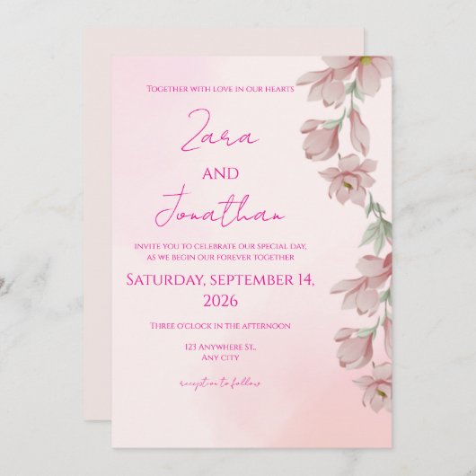 Pink floral invitation einladung (Vorne/Hinten)