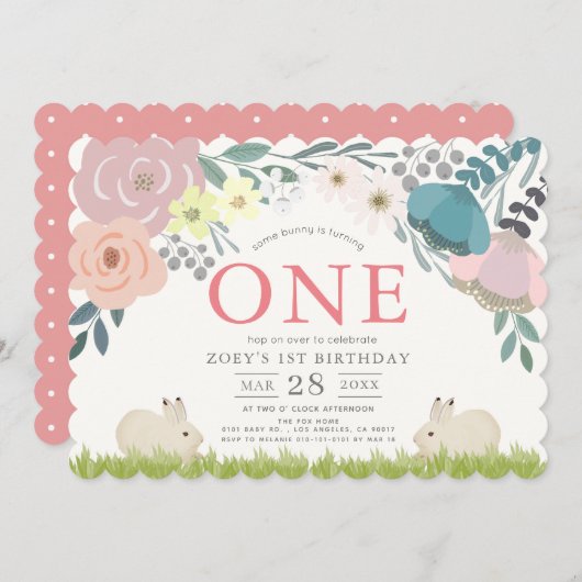 Pink Floral Irgendein sonniges Mädchen 1. Geburtst Einladung (Vorne/Hinten)