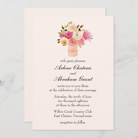 Pink Floral Joy Wedding Einladung (Vorne/Hinten)
