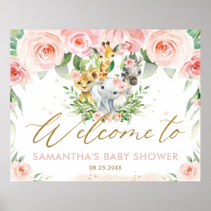 Pink Floral Jungle Animals Kinderdusche Willkommen Poster