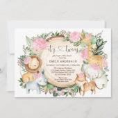 Pink Floral Jungle Safari Tiere Twin Girls Baby Einladung (Vorderseite)