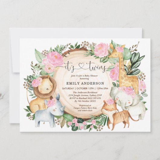 Pink Floral Jungle Safari Tiere Twin Girls Baby Einladung (Vorderseite)