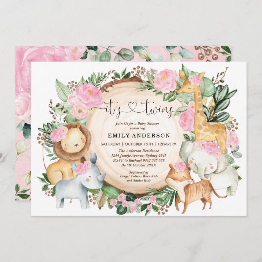 Pink Floral Jungle Safari Tiere Twin Girls Baby Einladung (Vorne/Hinten)