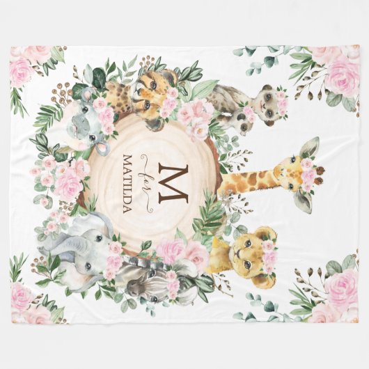 Pink Floral Jungle Safari Wilde Tiere Baby Girl Fleecedecke (Vorderseite (Horizontal))