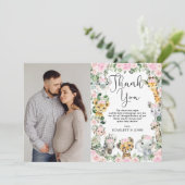 Pink Floral Jungle Wild Animals Baby Dusche Foto Dankeskarte (Stehend Vorderseite)