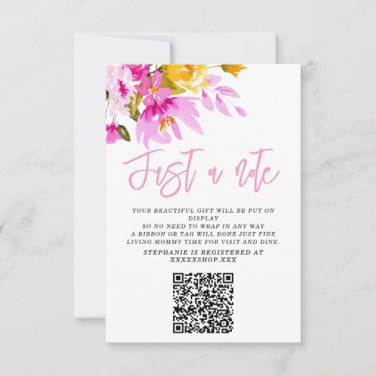 Pink Floral Just a Note Baby Shower Card Einladung (Vorderseite)