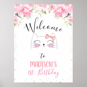 Pink Floral Kitten Face and Bow Birthday Welcome P Poster