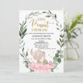 Pink Floral Kleine Erdnuss Elephant Babydusche Einladung (Stehend Vorderseite)