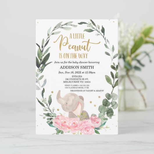 Pink Floral Kleine Erdnuss Elephant Babydusche Einladung (Stehend Vorderseite)