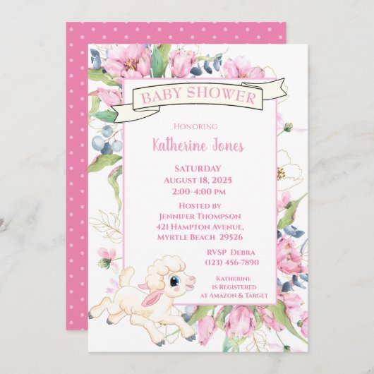 Pink Floral Kleine Lammdusche Einladung (Vorne/Hinten)