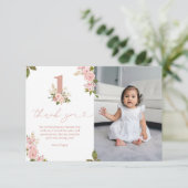 Pink Floral Kleine Miss 1. Geburtstag Dankeskarte (Stehend Vorderseite)