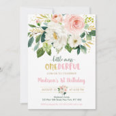 Pink Floral Kleine Miss Onederful Erster Geburtsta Einladung (Vorderseite)