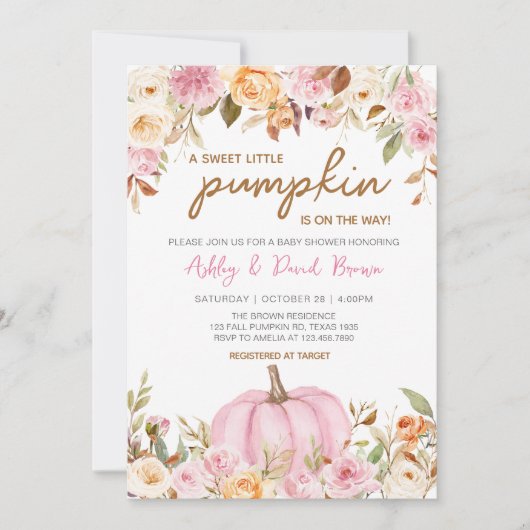 Pink Floral Kleine Pumpkin Baby Dusche Einladung (Vorderseite)