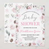 Pink Floral Kleine Snowflake Babydusche Einladung (Vorne/Hinten)