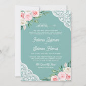 Pink Floral Lace Aquamarin Mint QR Code muslimisch Einladung (Vorderseite)