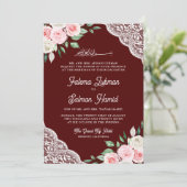 Pink Floral Lace Burgund QR Code Muslim Hochzeit Einladung (Stehend Vorderseite)