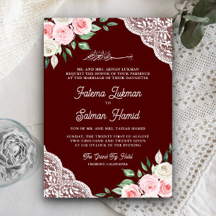 Pink Floral Lace Burgund QR Code Muslim Hochzeit Einladung