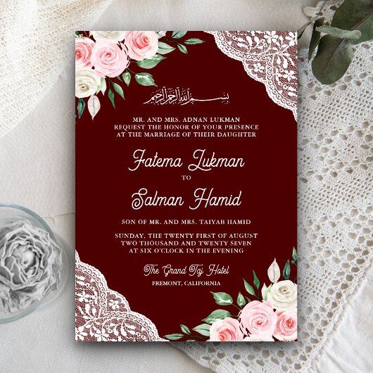 Pink Floral Lace Burgund QR Code Muslim Hochzeit Einladung