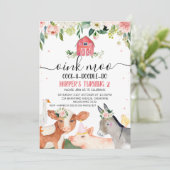 Pink Floral Landtiere 2. Geburtstag Einladung (Stehend Vorderseite)