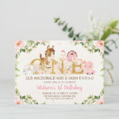 Pink Floral Landtiere Erstgeburtstag Einladung (Stehend Vorderseite)